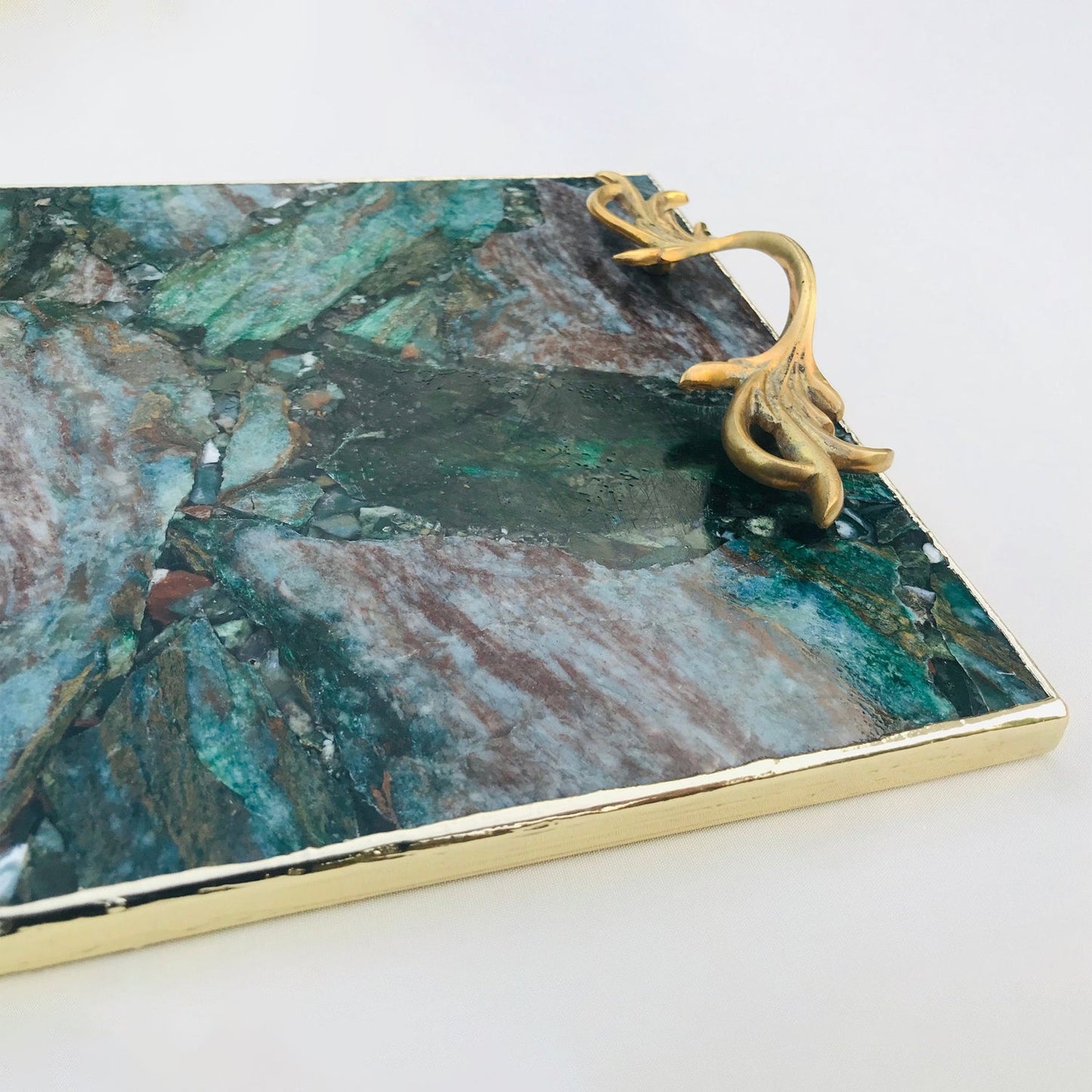 Green Aventurine Agate Serving Tray With Brass Handles-4
