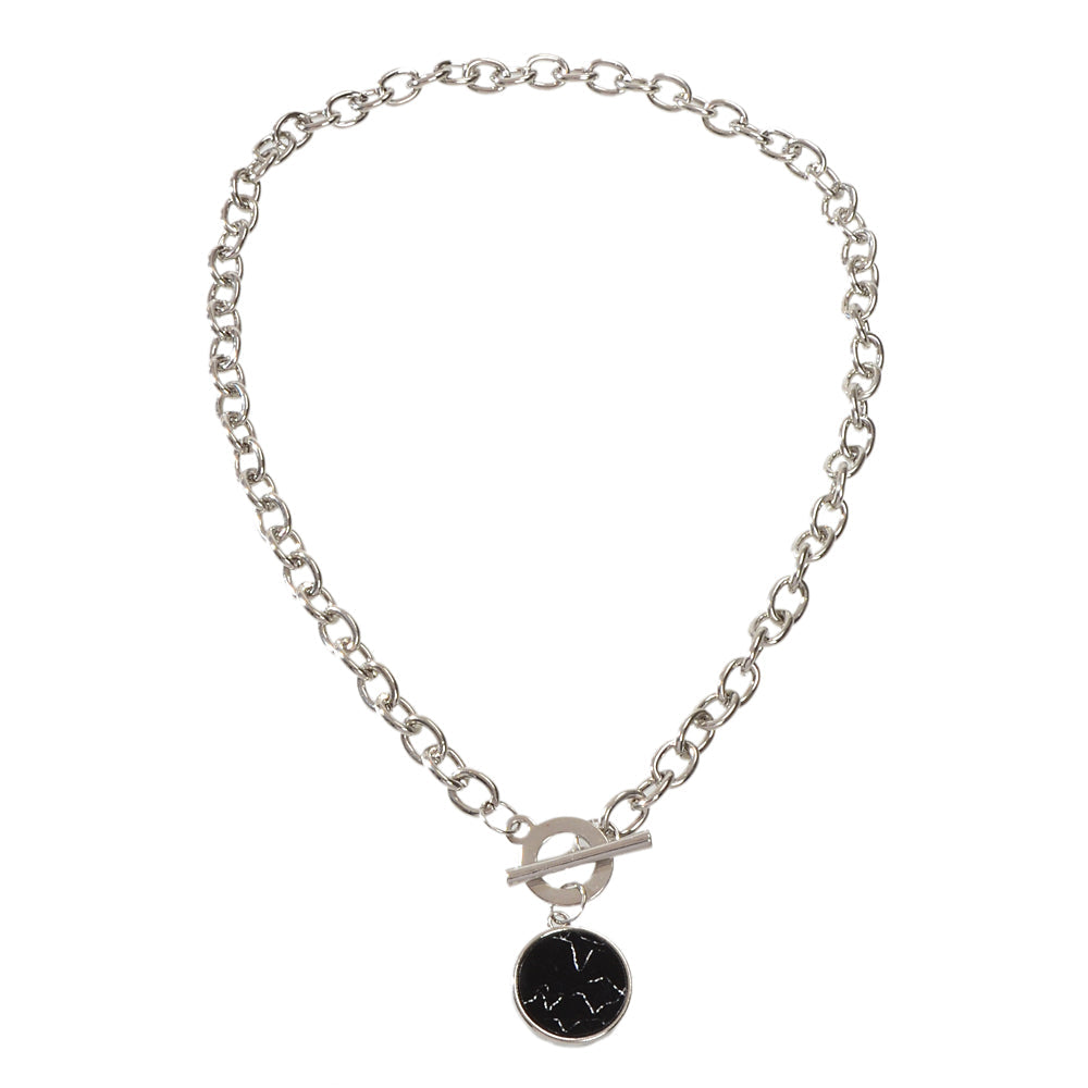 Punk Jewelry Chunky Silver Chain Black Marble Round Pendant Necklace Accessories