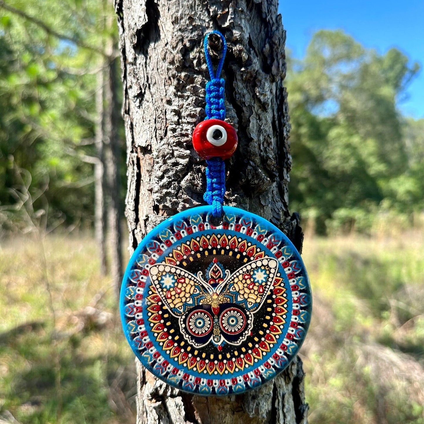 Wall Hanging Ceramic Evil Eye Nazar Boncuk Mal De Ojo, Modern Boho Style Home Decor -- Exotic Butterfly Mandala