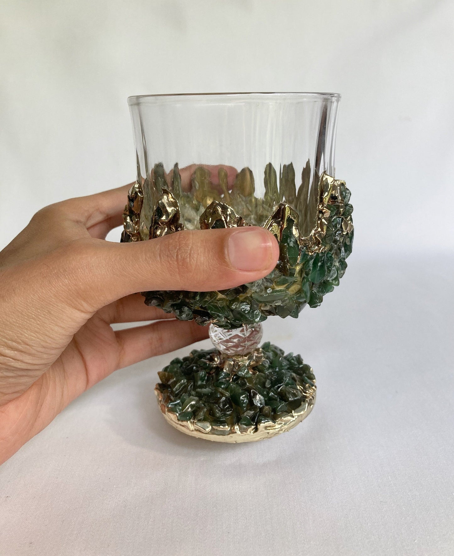 Set of 2 |Crystal Wine Glasses with Gold Plated Dark Green Agate/Quartz Semi-precious Crystals | 7 oz/210 ml-2