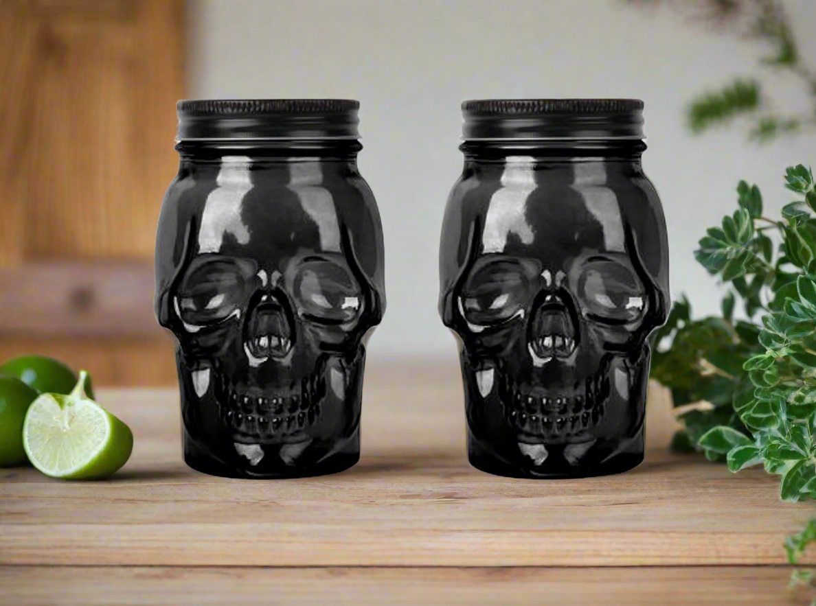 Skull Mason Jar with Lid, 4-Piece Set, 16oz, Black