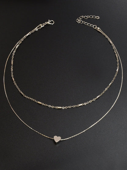 Minimalist Chic Double layer Silver Chain Heart Pendant Clavicle Party Necklace