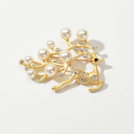Pearl Rhinestone Gold Reindeer Brooch Jewellery
