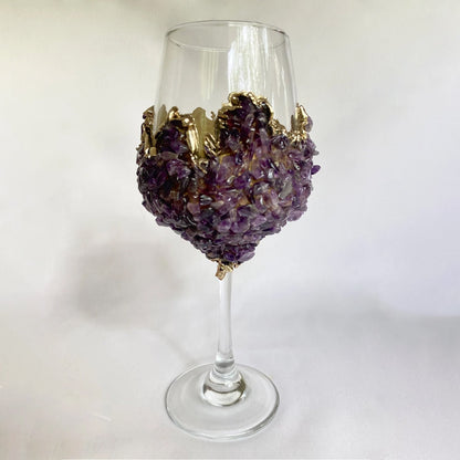 Set of 2 |Crystal Wine Glasses with Gold Plated Purple Amethyst Agate/Quartz Semi-precious Crystals | 16 oz/465 ml