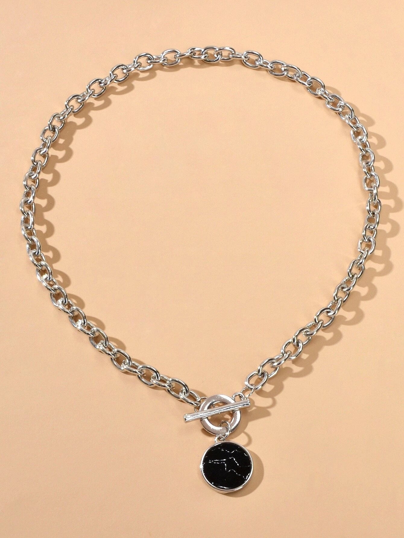 Punk Jewelry Chunky Silver Chain Black Marble Round Pendant Necklace Accessories