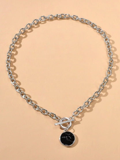 Punk Jewelry Chunky Silver Chain Black Marble Round Pendant Necklace Accessories