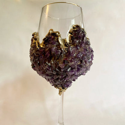 Set of 2 |Crystal Wine Glasses with Gold Plated Purple Amethyst Agate/Quartz Semi-precious Crystals | 16 oz/465 ml