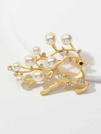 Pearl Rhinestone Gold Reindeer Brooch Jewellery