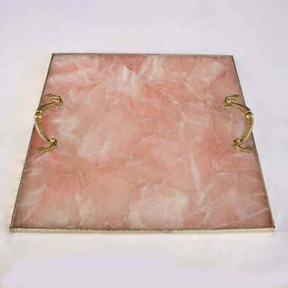 Rose Quartz Agate Serving Tray With Brass Handles | Square-3