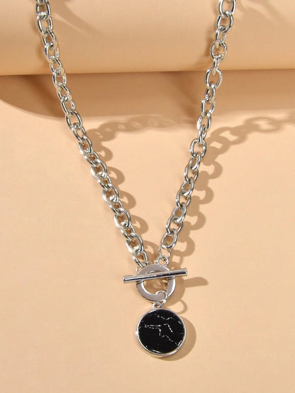 Punk Jewelry Chunky Silver Chain Black Marble Round Pendant Necklace Accessories