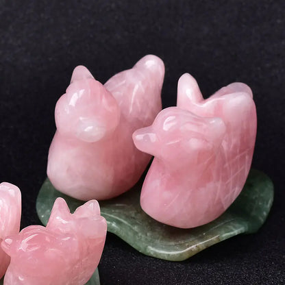 Rose Quartz Mandarin Duck Figurine with Lotus Leaf