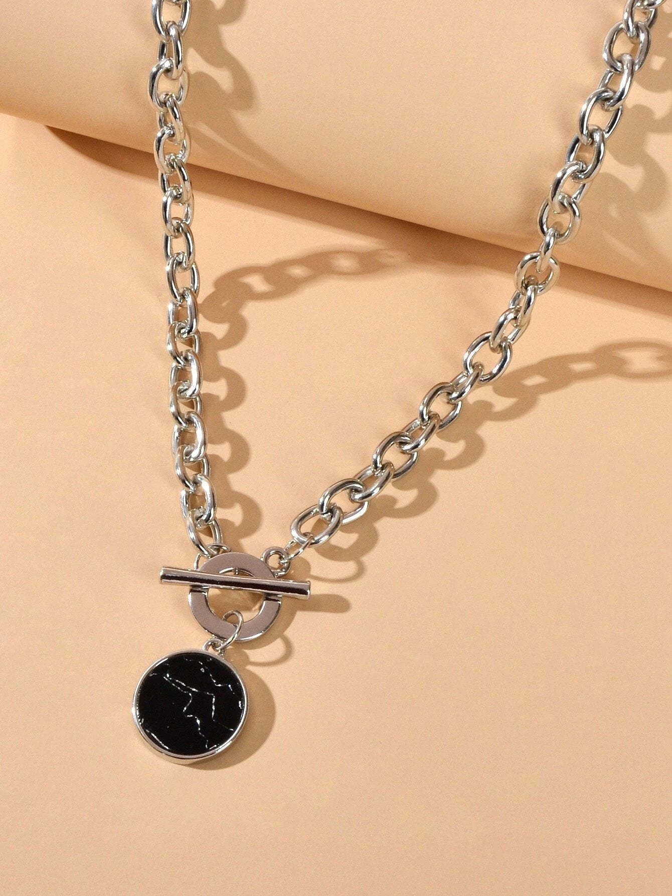Punk Jewelry Chunky Silver Chain Black Marble Round Pendant Necklace Accessories