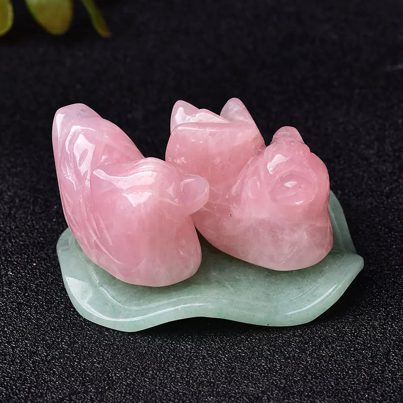 Rose Quartz Mandarin Duck Figurine with Lotus Leaf