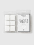 Veyan Blanche Whisper luxury wax melts in a clear plastic clamshell package with six white wax cubes and a white label with black text, set against a light gray background.