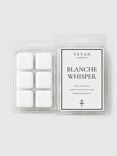Veyan Blanche Whisper luxury wax melts in a clear plastic clamshell package with six white wax cubes and a white label with black text, set against a light gray background.