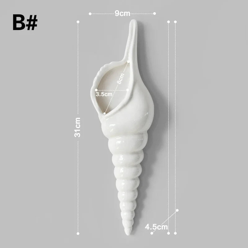 White Ceramic Wall Hanging Sea Shell Conch Flower Vase