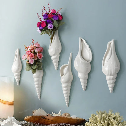 White Ceramic Wall Hanging Sea Shell Conch Flower Vase