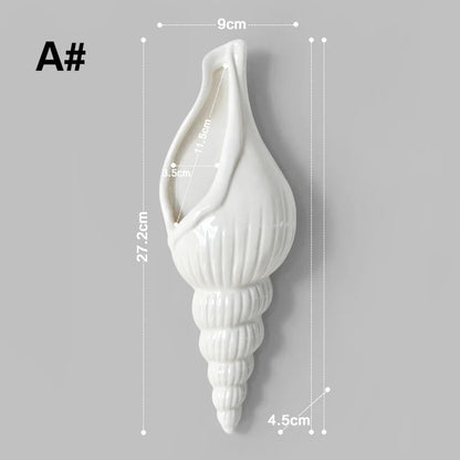 White Ceramic Wall Hanging Sea Shell Conch Flower Vase