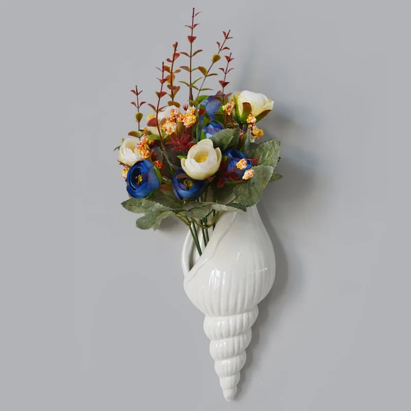 White Ceramic Wall Hanging Sea Shell Conch Flower Vase