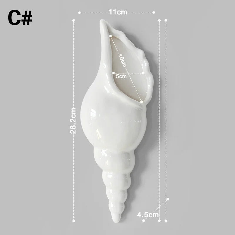 White Ceramic Wall Hanging Sea Shell Conch Flower Vase