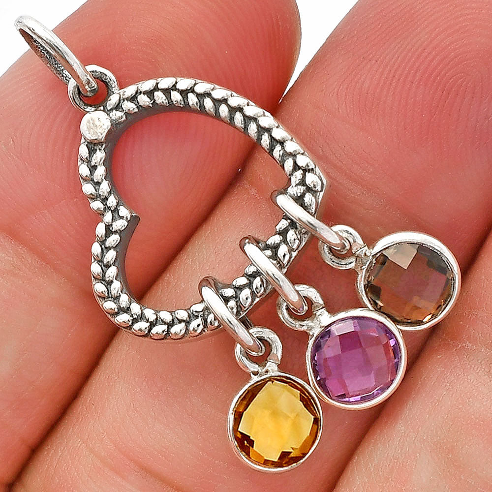 Citrine, Amethyst & Smoky Quartz Heart Pendant