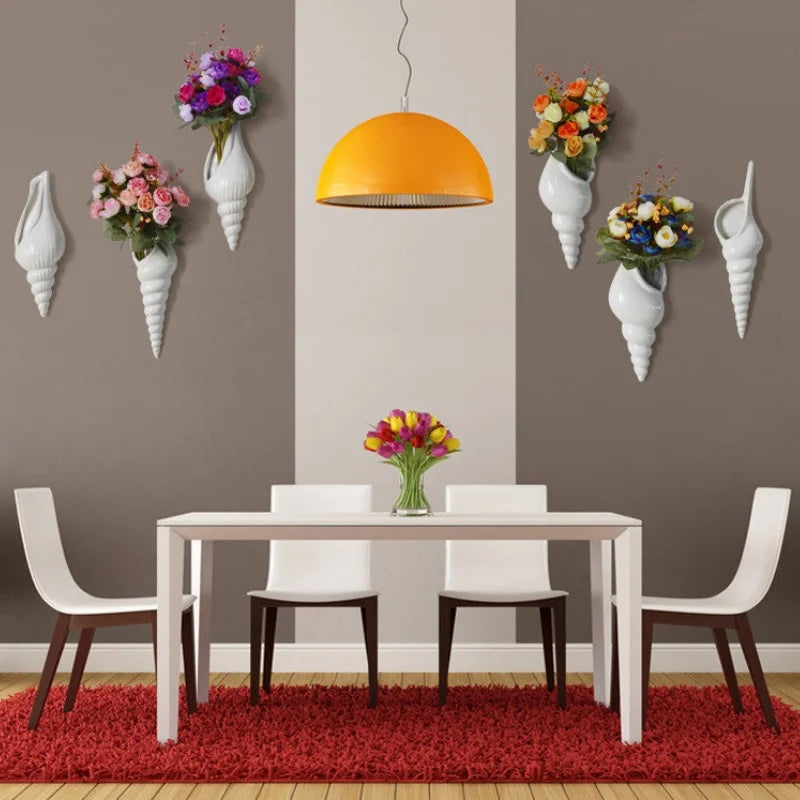 White Ceramic Wall Hanging Sea Shell Conch Flower Vase