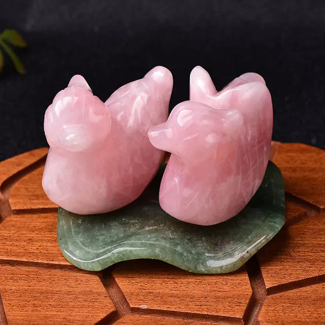 Rose Quartz Mandarin Duck Figurine with Lotus Leaf