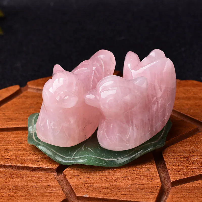 Rose Quartz Mandarin Duck Figurine with Lotus Leaf