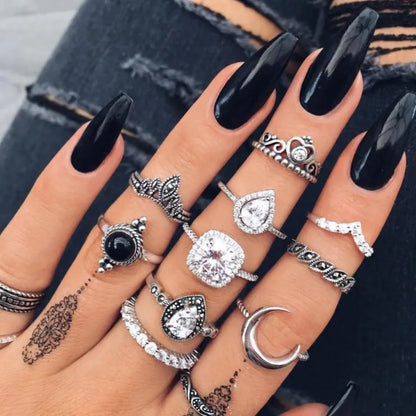 Bohemian Vintage Ring Set with Metal and Crystals