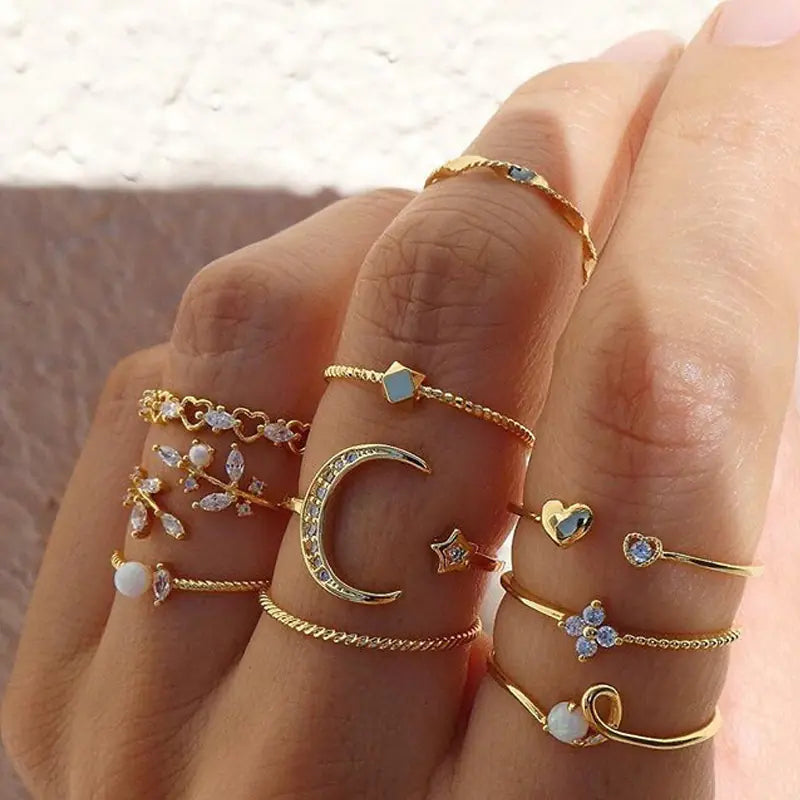 Bohemian Vintage Ring Set with Metal and Crystals
