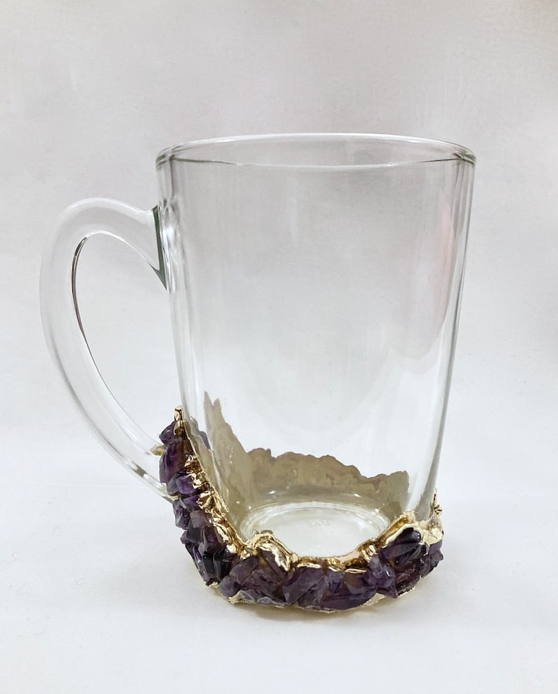 Set of 2 |Crystal Glass Coffee/Tea/Juice Mugs with Gold Plated Agate/Quartz Semi-precious Crystals | 11 oz/320 ml