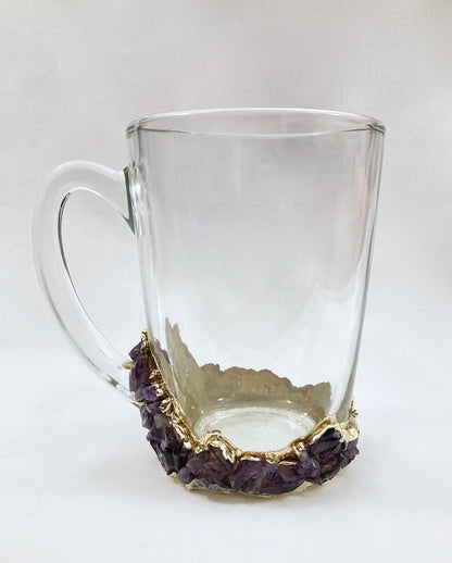Set of 2 |Crystal Glass Coffee/Tea/Juice Mugs with Gold Plated Agate/Quartz Semi-precious Crystals | 11 oz/320 ml