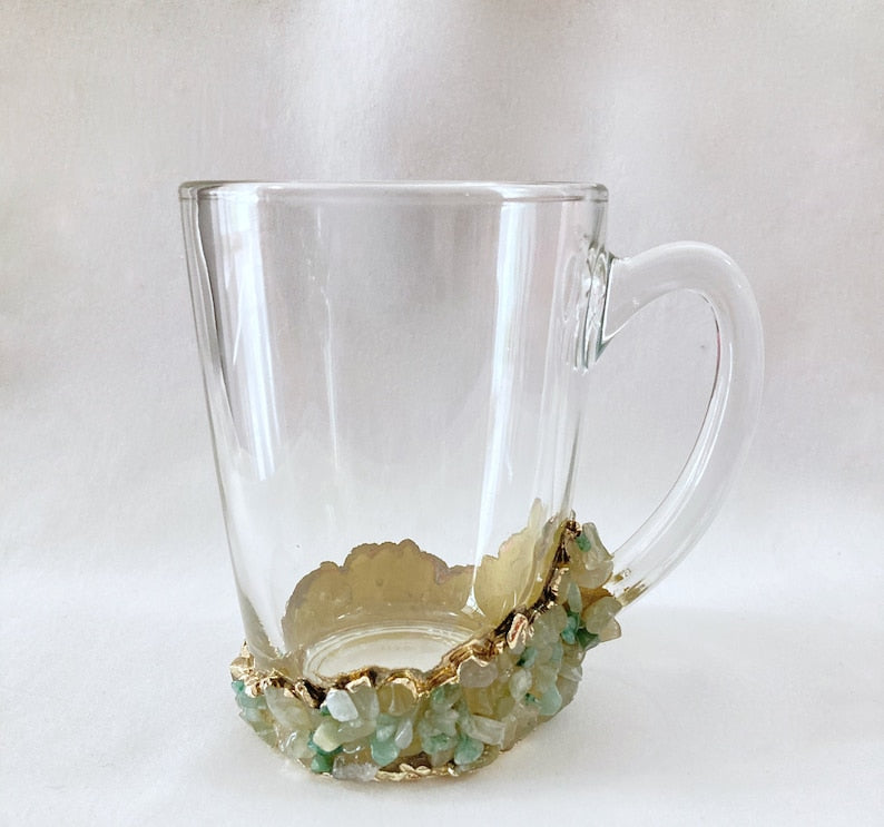 Set of 2 |Crystal Glass Coffee/Tea/Juice Mugs with Gold Plated Agate/Quartz Semi-precious Crystals | 11 oz/320 ml