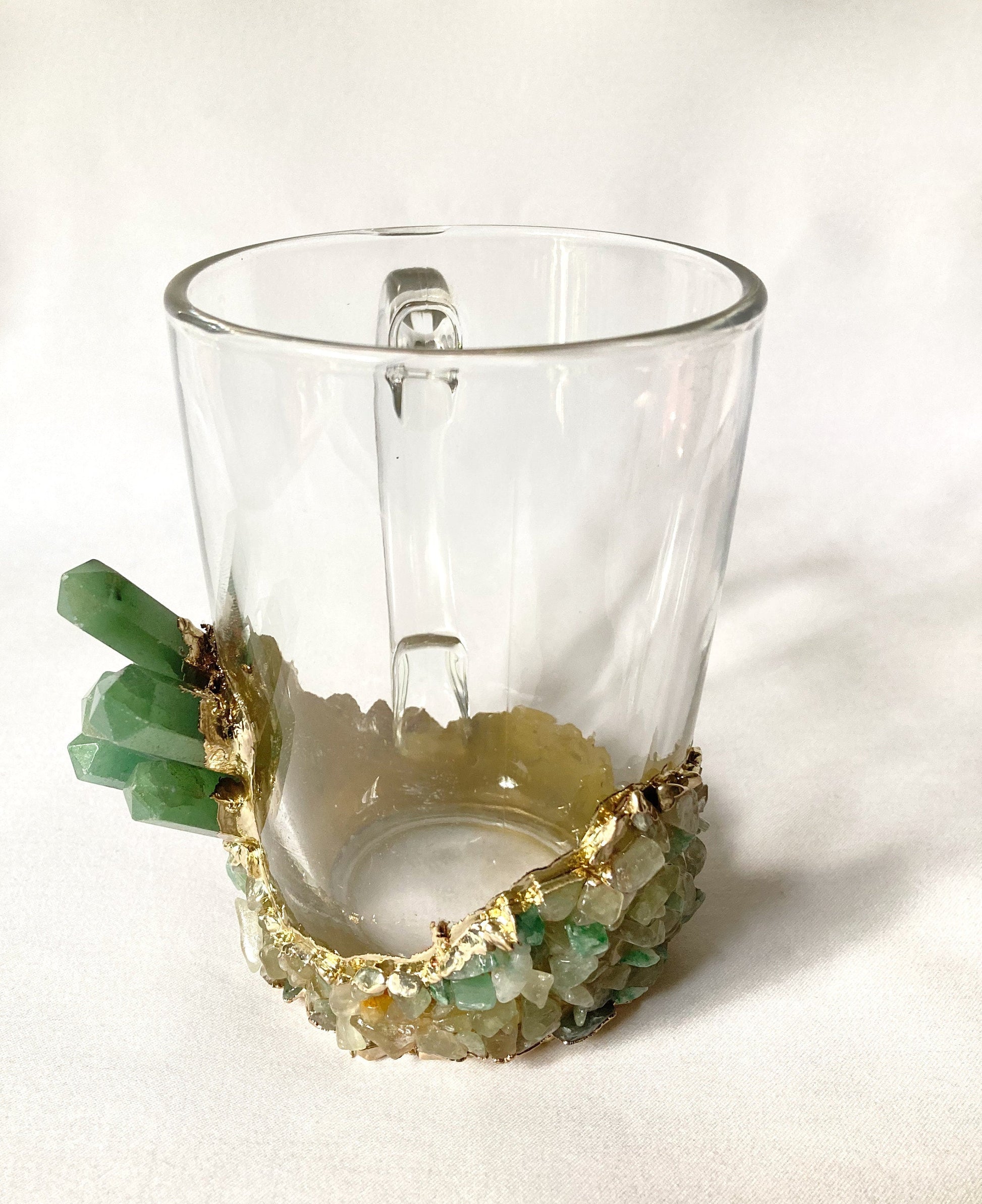 Set of 2 |Crystal Glass Coffee/Tea/Juice Mugs with Gold Plated Green Agate Semi-precious Crystals | 11 oz/320 ml-2