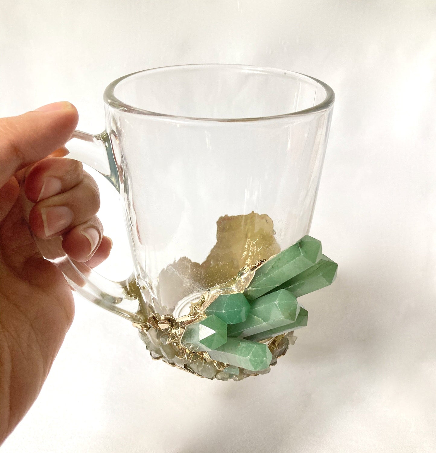 Set of 2 |Crystal Glass Coffee/Tea/Juice Mugs with Gold Plated Green Agate Semi-precious Crystals | 11 oz/320 ml-4