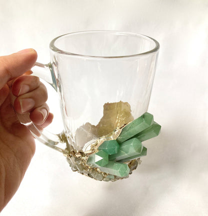 Set of 2 |Crystal Glass Coffee/Tea/Juice Mugs with Gold Plated Green Agate Semi-precious Crystals | 11 oz/320 ml-4