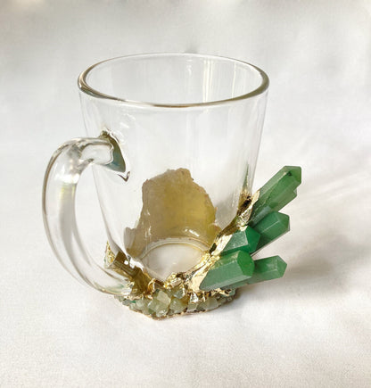 Set of 2 |Crystal Glass Coffee/Tea/Juice Mugs with Gold Plated Green Agate Semi-precious Crystals | 11 oz/320 ml-1