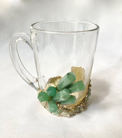 Set of 2 |Crystal Glass Coffee/Tea/Juice Mugs with Gold Plated Green Agate Semi-precious Crystals | 11 oz/320 ml-0