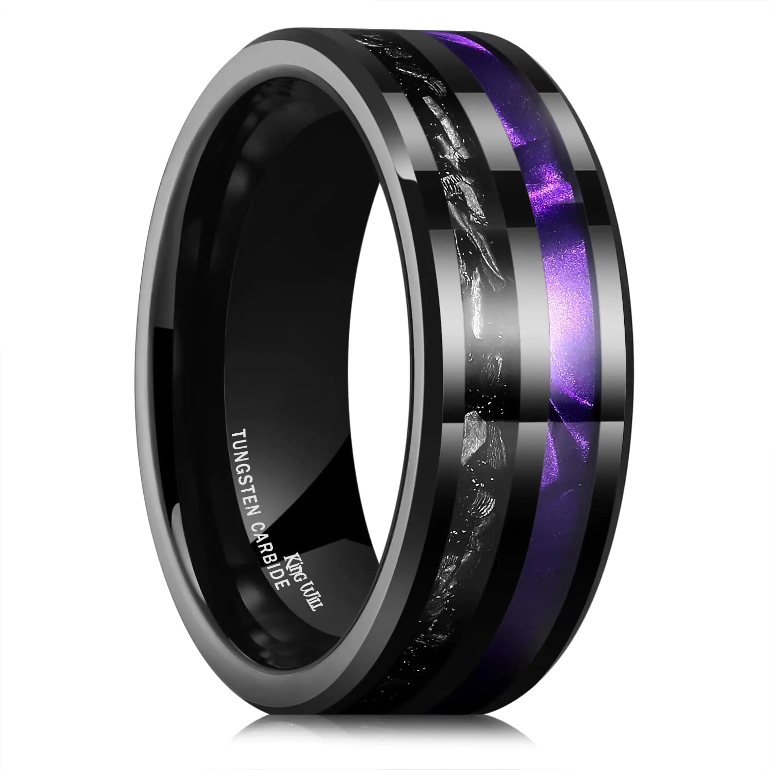 Black tungsten carbide ring with purple and silver inlay on a white background