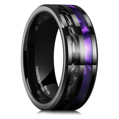 Black tungsten carbide ring with purple and silver inlay on a white background
